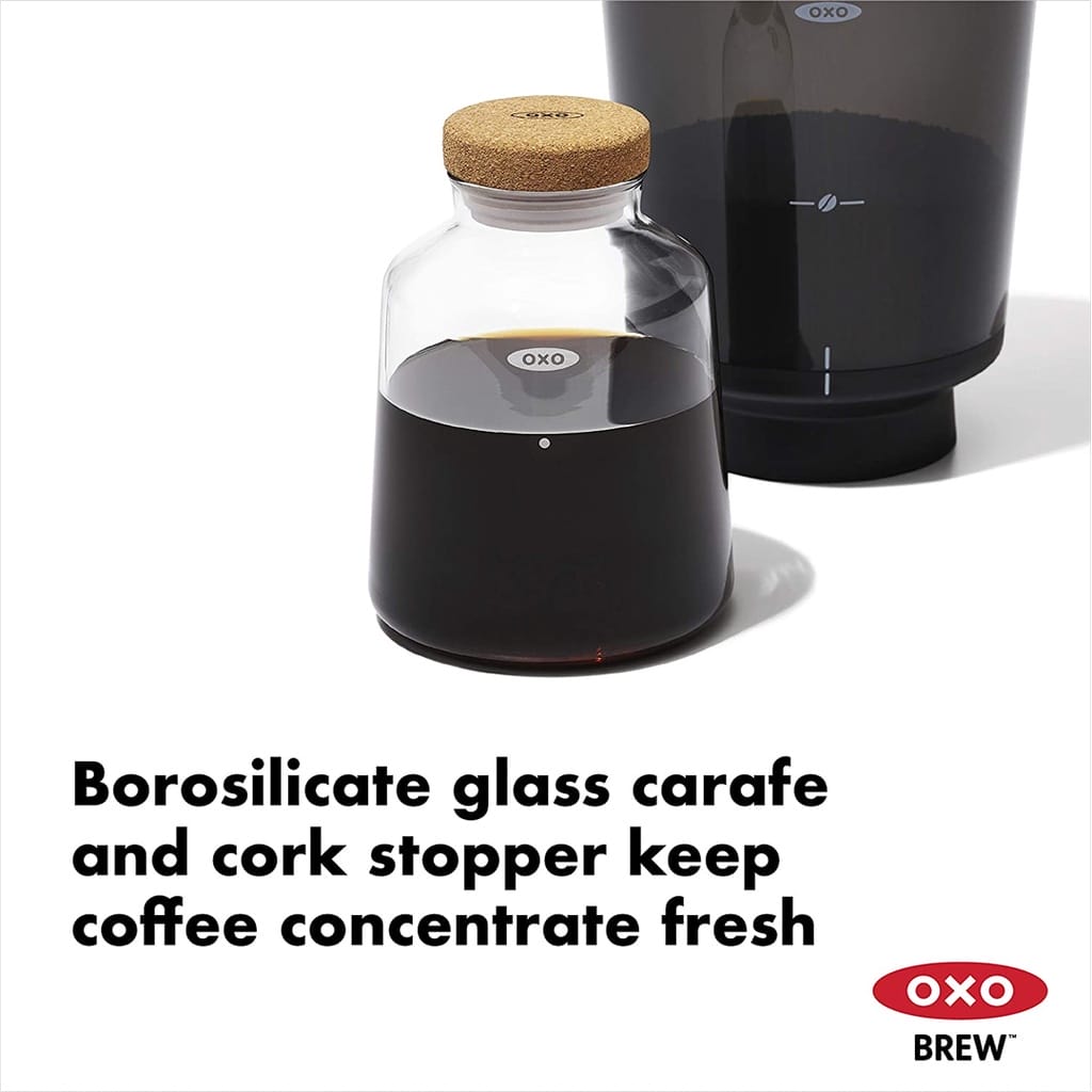 OXO Compact Cold Brew Coffee Maker, borosilicate glass carafe and cork stopper keep coffee concentrate fresh