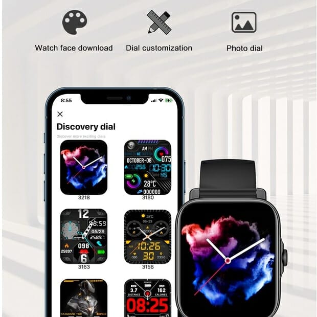 An image of the Aolon T500 Smart Watch displaying various apps.