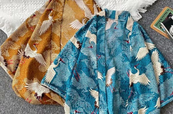Two Men Shirts featuring Kimono-style and bird designs.