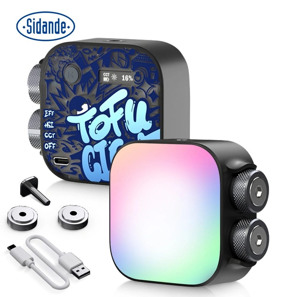 A pair of compact, cube-shaped SIDANDE TOFU 6W 2500-9900k RGB LED Camera Lights featuring various control knobs and a graffiti-style design, complete with the "Sidande" brand logo. The set also includes a USB charging cable and small accessories.