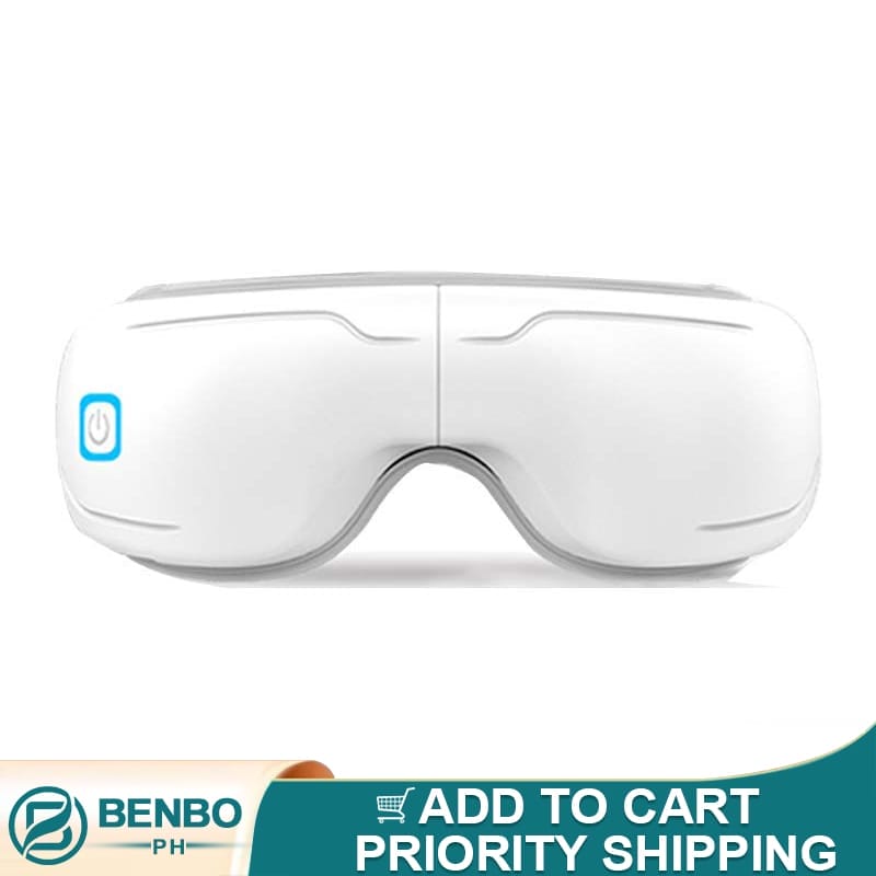 Foldable BENBO Eye Massager, powered by white LEDs and featuring a power button, displayed against a white background. The text in the image reads 'BENBO PH' and 'ADD TO CART PRIORITY SHIPPING'.