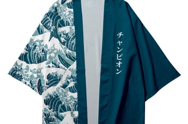 The Men's Japanese Kimono Wave Pattern jacket for summer is blue and white, showcasing a wave pattern on one side and Japanese script on the other.