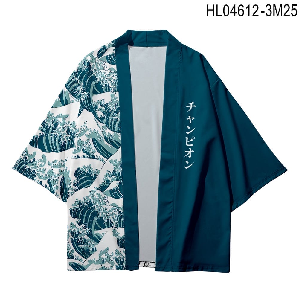 The Men's Japanese Kimono Wave Pattern jacket for summer is blue and white, showcasing a wave pattern on one side and Japanese script on the other.