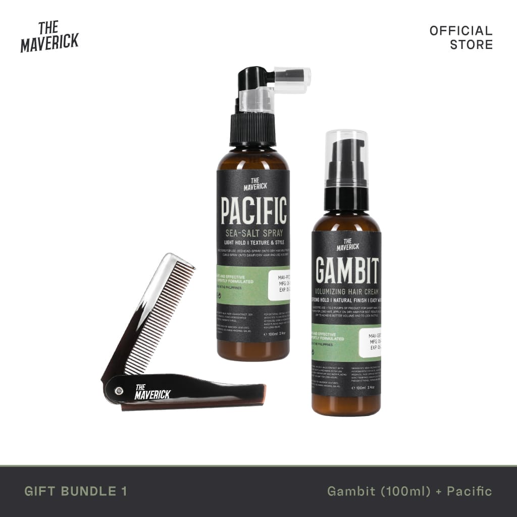 Introducing The Maverick Gift Bundle 2, featuring Pacific sea-salt spray, Gambit hair cream, and a sleek folding comb. Ideal for those who dare to stand out and make a bold statement with their style.