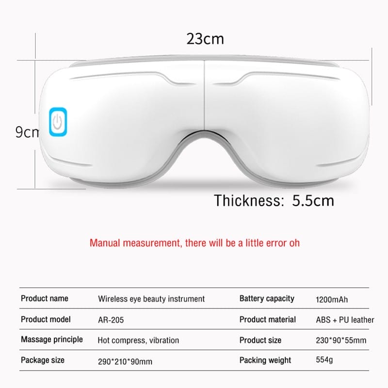 The BENBO Eye Massager Foldable Eye Mask (model AR-205) and its product dimensions and specifications are listed below the image against a plain background.