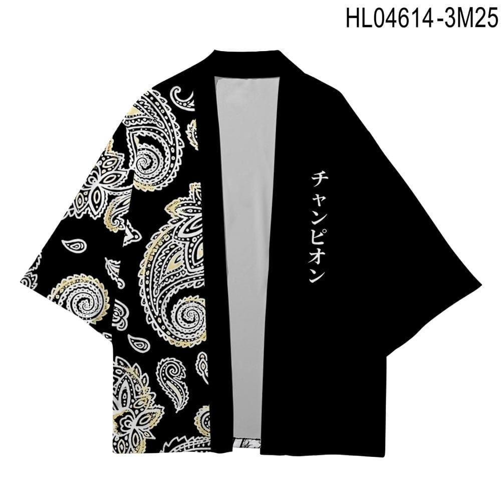 The Men's Japanese Kimono Wave Pattern has a black base with white paisley designs and Japanese characters elegantly positioned on the left side.