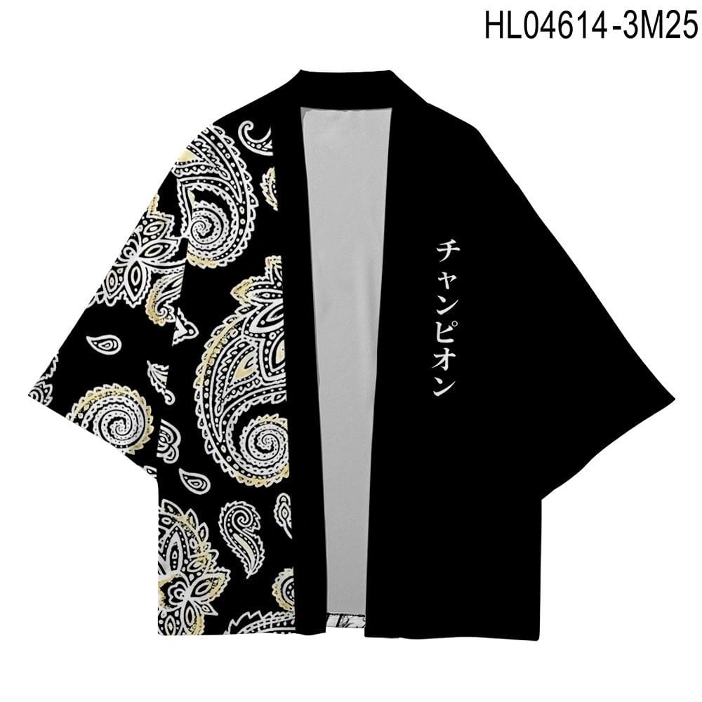 The Men's Summer Cardigans White Crane Kimono is a black top featuring a white paisley pattern on the sleeves and half of the front, with Japanese characters in white printed on the other half of the front.