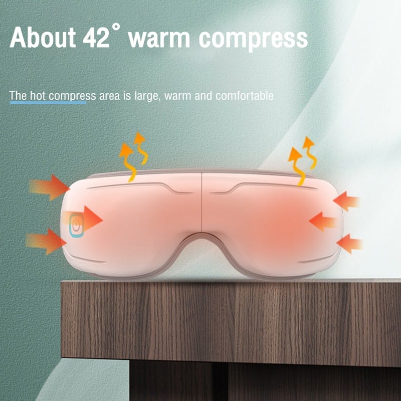 The BENBO Eye Massager Foldable Eye Mask is displayed on a wooden surface, with text indicating it provides about 42° warm compress and highlighting its large warm compress area.