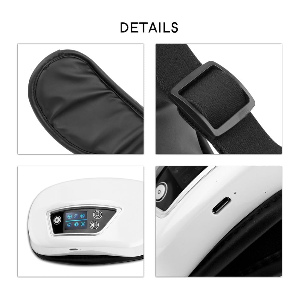 Close-up of the BENBO Eye Massager Foldable Eye Mask reveals intricate details: a black padded area for comfort, an adjustable strap for a snug fit, a control panel with intuitive buttons, and a convenient charging port.