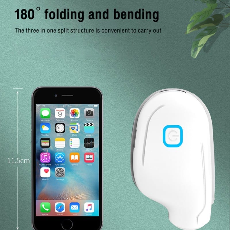 A compact, white BENBO Eye Massager Foldable Eye Mask with a blue emblem beside an iPhone displaying the screen. Text reads, "180° folding and bending. The three-in-one split structure is convenient to carry out.