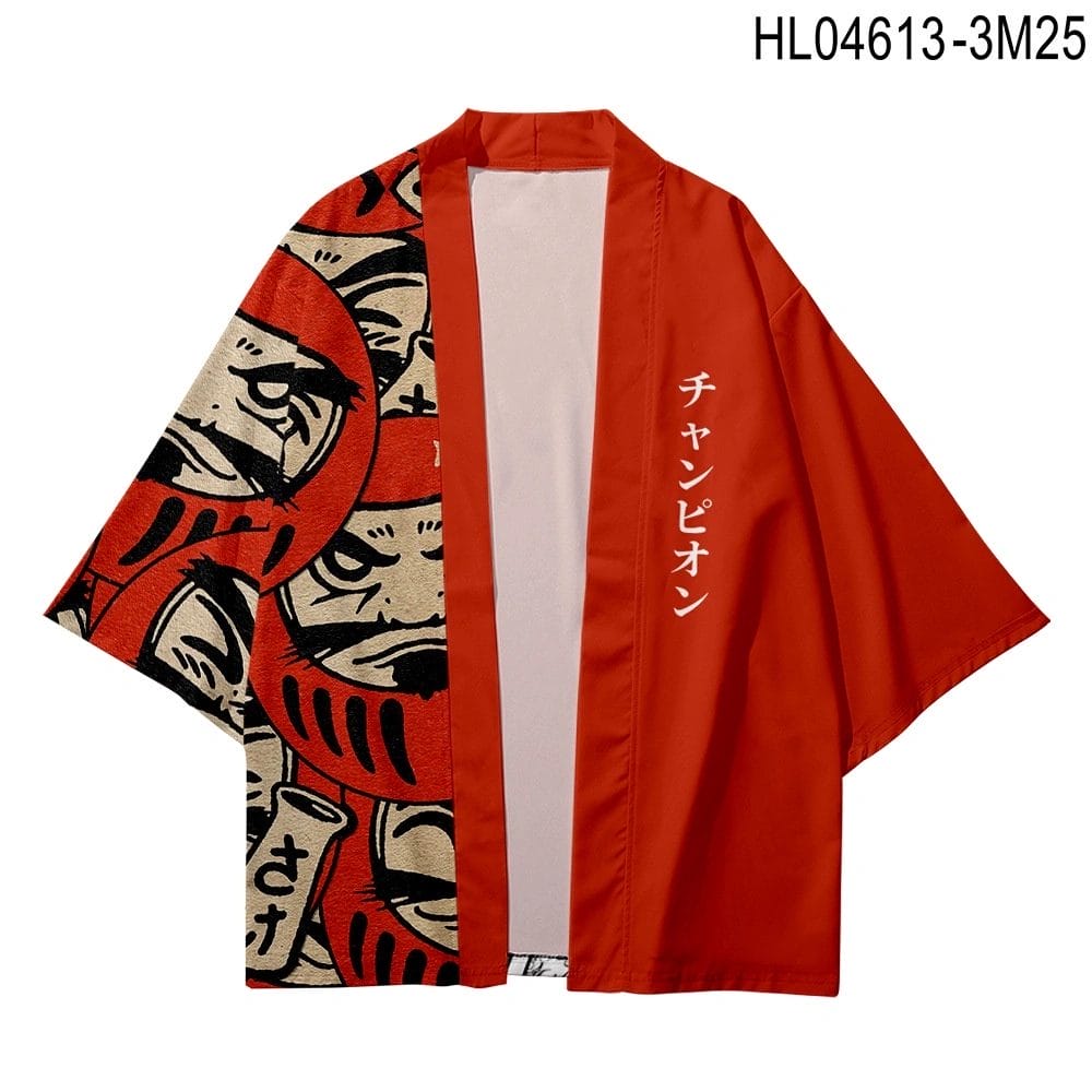 A stylish Men's Summer Cardigans White Crane Kimono in red and black, featuring stylized faces on one side and Japanese characters on the other. Model number HL04613-3M25 is noted in the image's corner.
