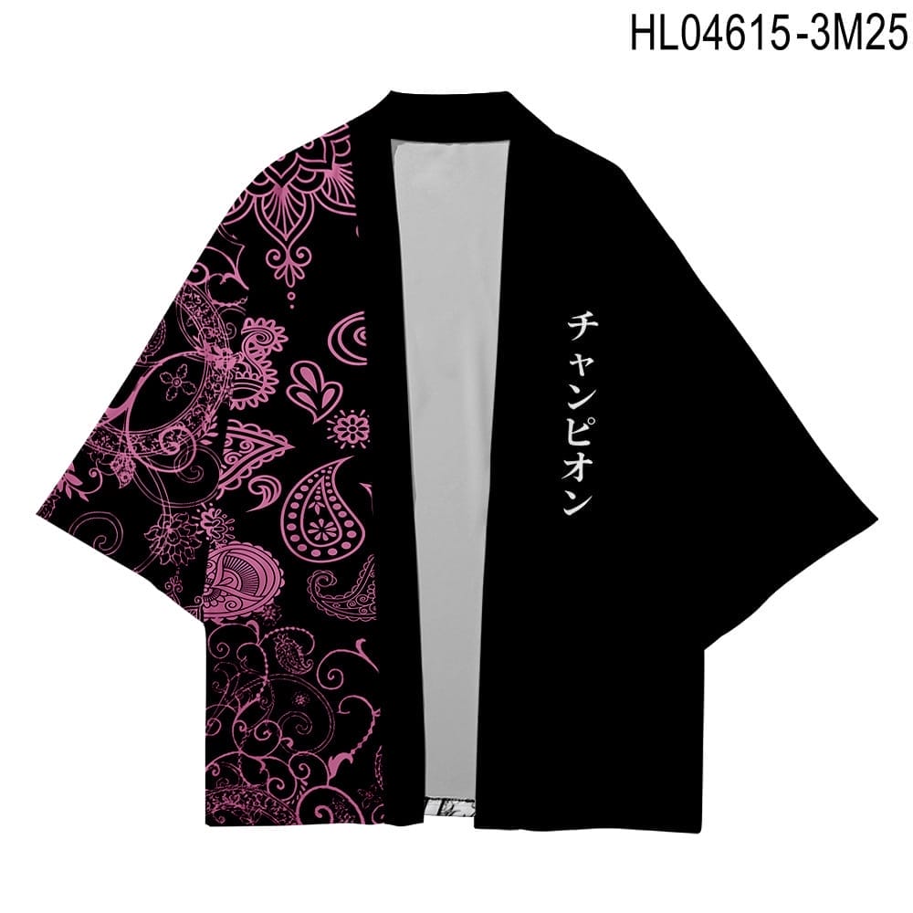 Introducing the Men's Japanese Kimono Wave Pattern, a stylish summer jacket with a striking black design. It features pink paisley patterns on one side and elegant vertical Japanese text on the other side.