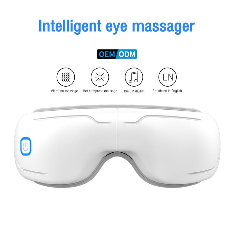 The BENBO Eye Massager Foldable Eye Mask in white features vibration and hot compress massage, built-in music, and English language broadcast capabilities.