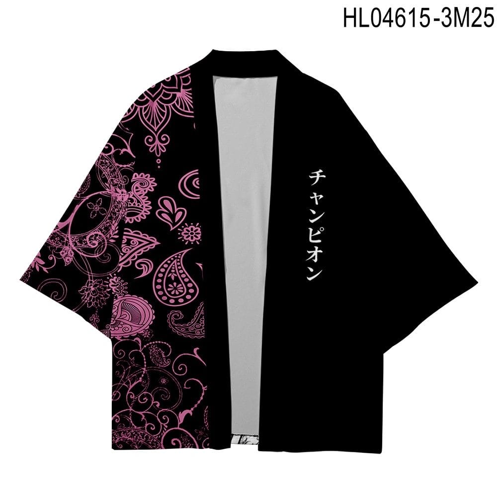 Men's summer cardigan in black and pink featuring intricate paisley designs on the left side and Japanese characters on the right.