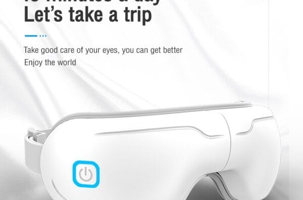 White BENBO Eye Massager Foldable Eye Mask on a white background with text: "15 minutes a day. Let's take a trip. Take good care of your eyes with the BENBO Eye Massager Foldable Eye Mask, and you can get better. Enjoy the world.