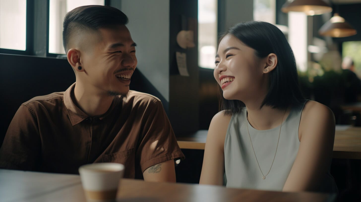 A man and woman are smiling at each other in a cafe.