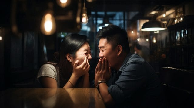 A couple engaging in a low key relationship sharing a kiss in a restaurant.