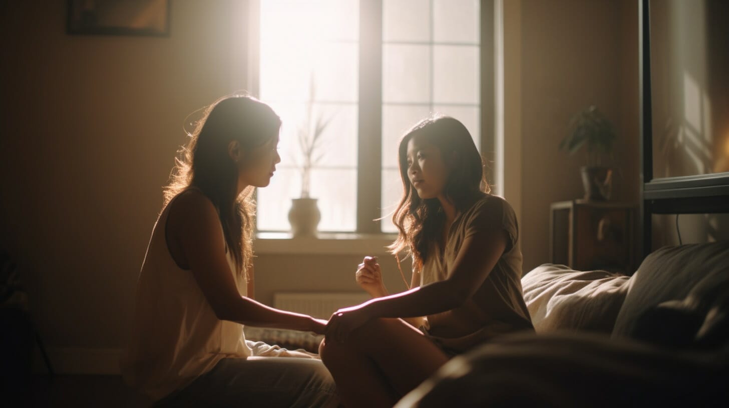 Two women in a low key relationship sitting on a bed in front of a window.