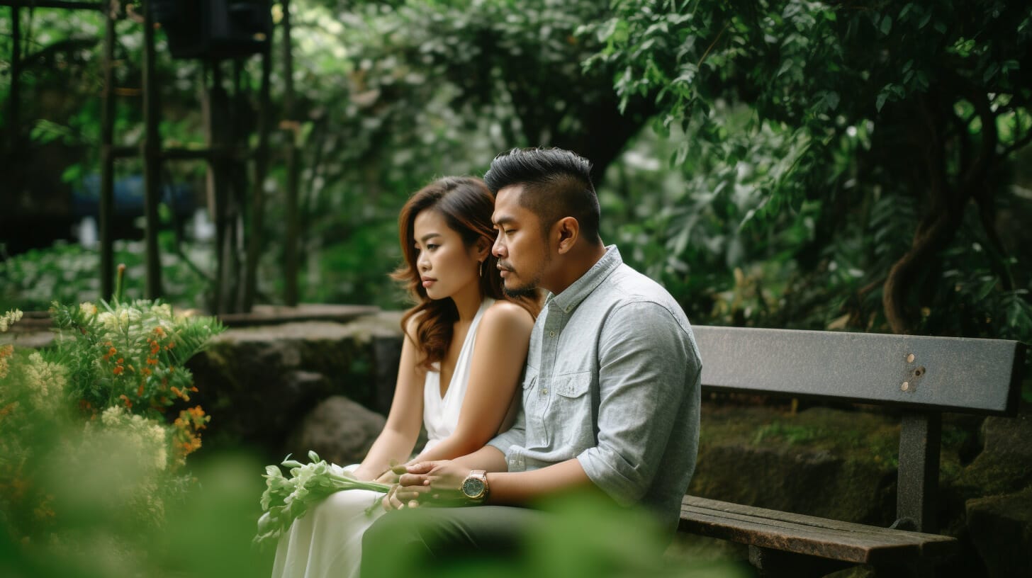 a Filipino couple seated on a park bench, surrounded by lush greenery both lost in thought due to mix signals