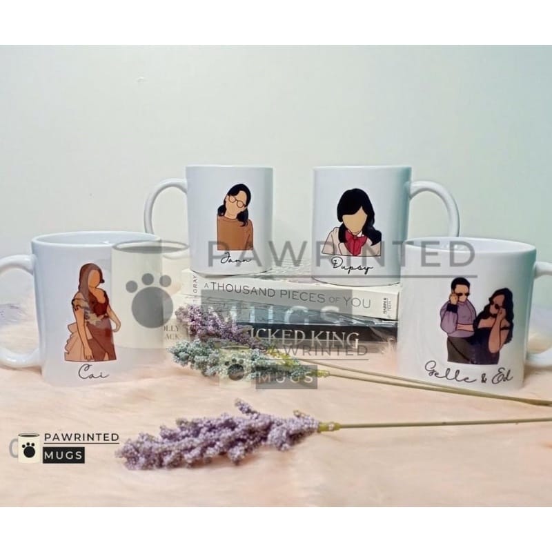 Four Customized Vector Art Mugs with a picture of a woman and a man.