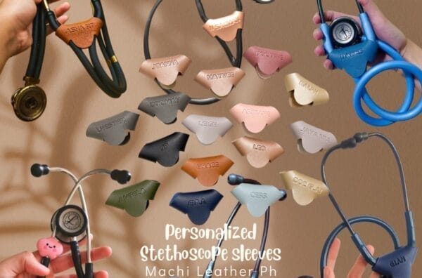 Several hands holding stethoscopes with various Genuine Leather Malaya Stethoscope Tags are displayed against a beige background. Text reads "Personalized Stethoscope Sleeves Machi Leather Ph.