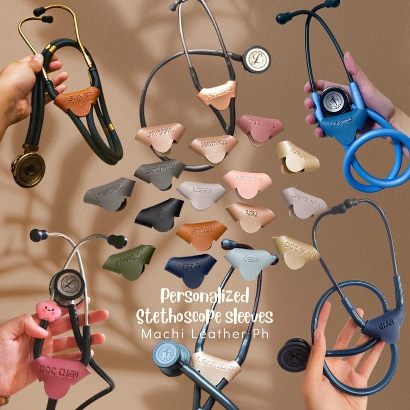 Several hands holding stethoscopes with various Genuine Leather Malaya Stethoscope Tags are displayed against a beige background. Text reads "Personalized Stethoscope Sleeves Machi Leather Ph.