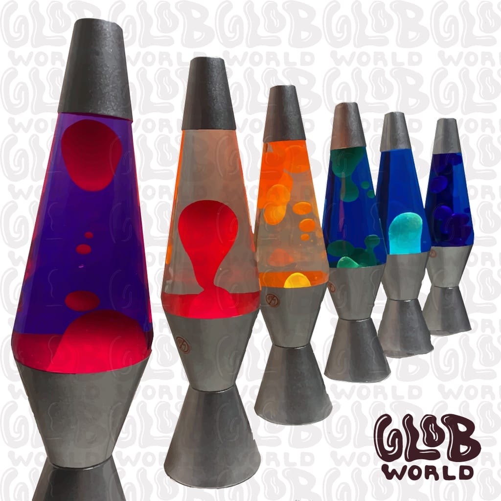A row of colorful Glob World Retro Lava Lamps.