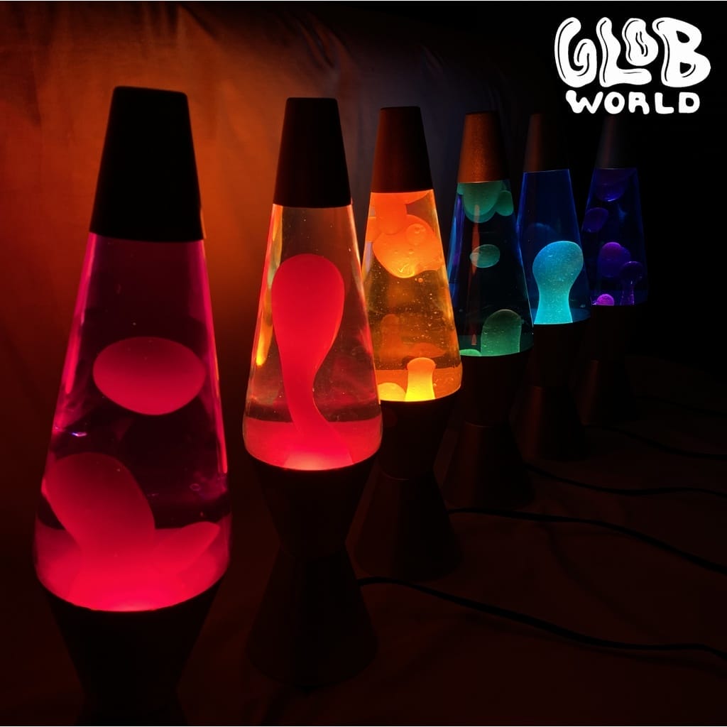 A group of colorful Glob World Retro Lava Lamps with the word club world written on them.