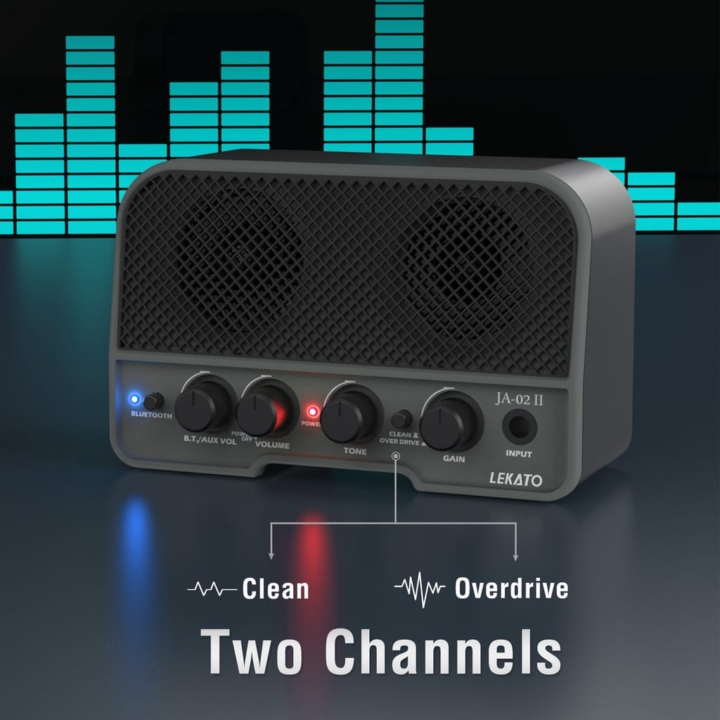 A LEKATO Mini Electric Guitar Amplifier with the words two channels on it.