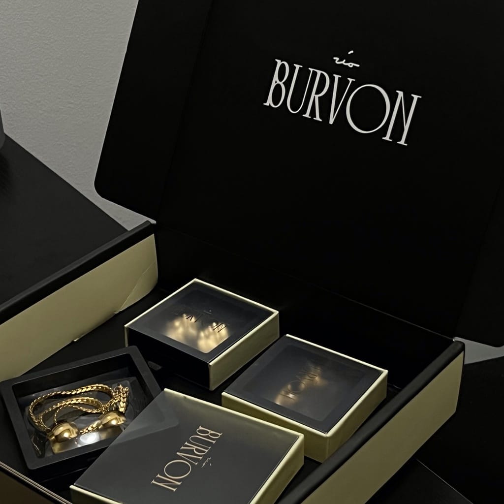 A black box with BURVON For Him Bracelets in it.