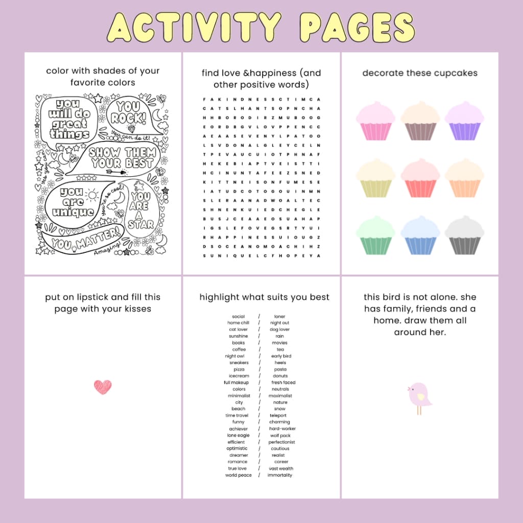 A printable activity page with cupcakes and hearts.