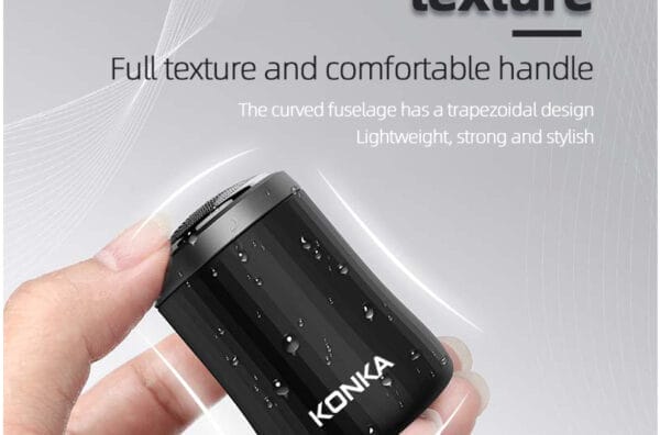 A person holding a KONKA Portable Mini Men's Razor Electric Shaver with the words grid bar fuselage texture.
