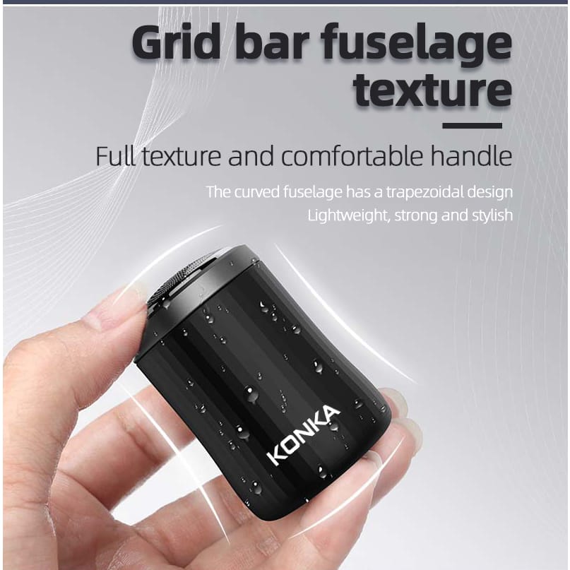 A person holding a KONKA Portable Mini Men's Razor Electric Shaver with the words grid bar fuselage texture.