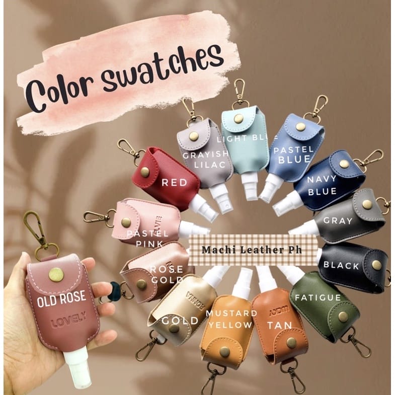 Image showing an assortment of Genuine Leather Malaya Stethoscope Tags in various colors labeled: red, light blue, pastel pink, pastel blue, grayish lilac, pastel lilac, navy blue, gray, old rose, rose gold, tan, gold, mustard yellow, fatigue green (military green), and black.