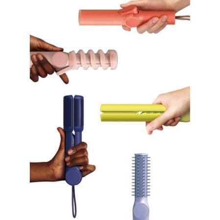 A group of people holding different types of UNIX Mini Wireless Iron Collection hair combs.