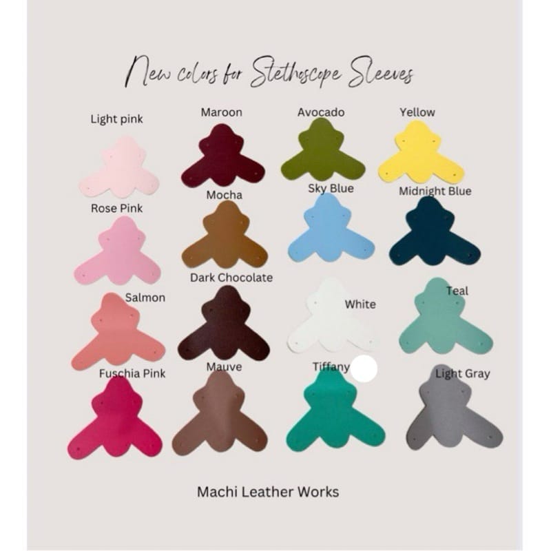 Image displaying 16 color options for Genuine Leather Malaya Stethoscope Tags by Machi Leather Works. Colors include Light Pink, Rose Pink, Salmon, Fuchsia Pink, Maroon, Mocha, Dark Chocolate, Mauve, Avocado, Sky Blue, Midnight Blue, White, Tiffany Blue (Tiffany), Yellow, Teal Green (Teal), and Light Gray.