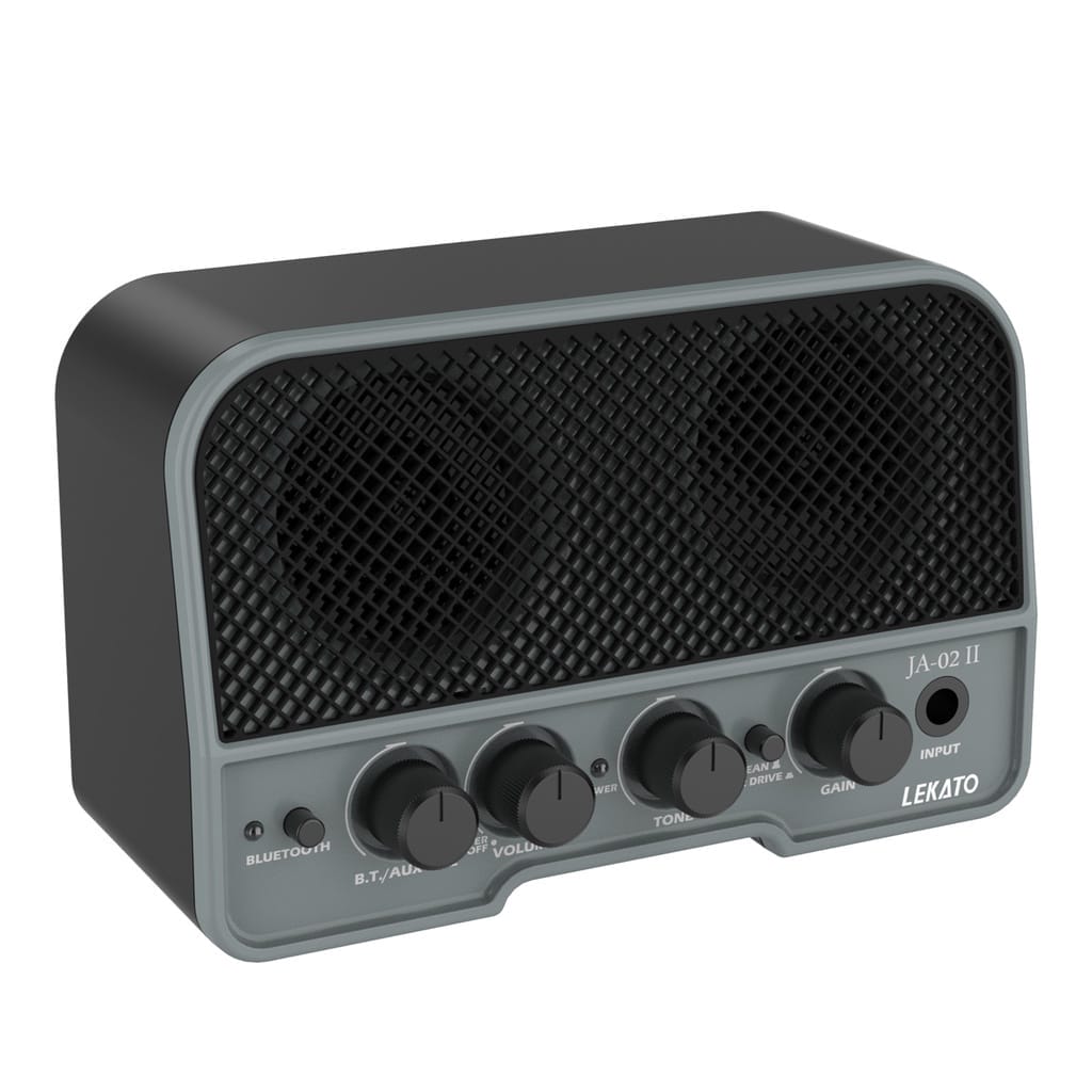 A black and gray LEKATO Mini Electric Guitar Amplifier with two speakers.