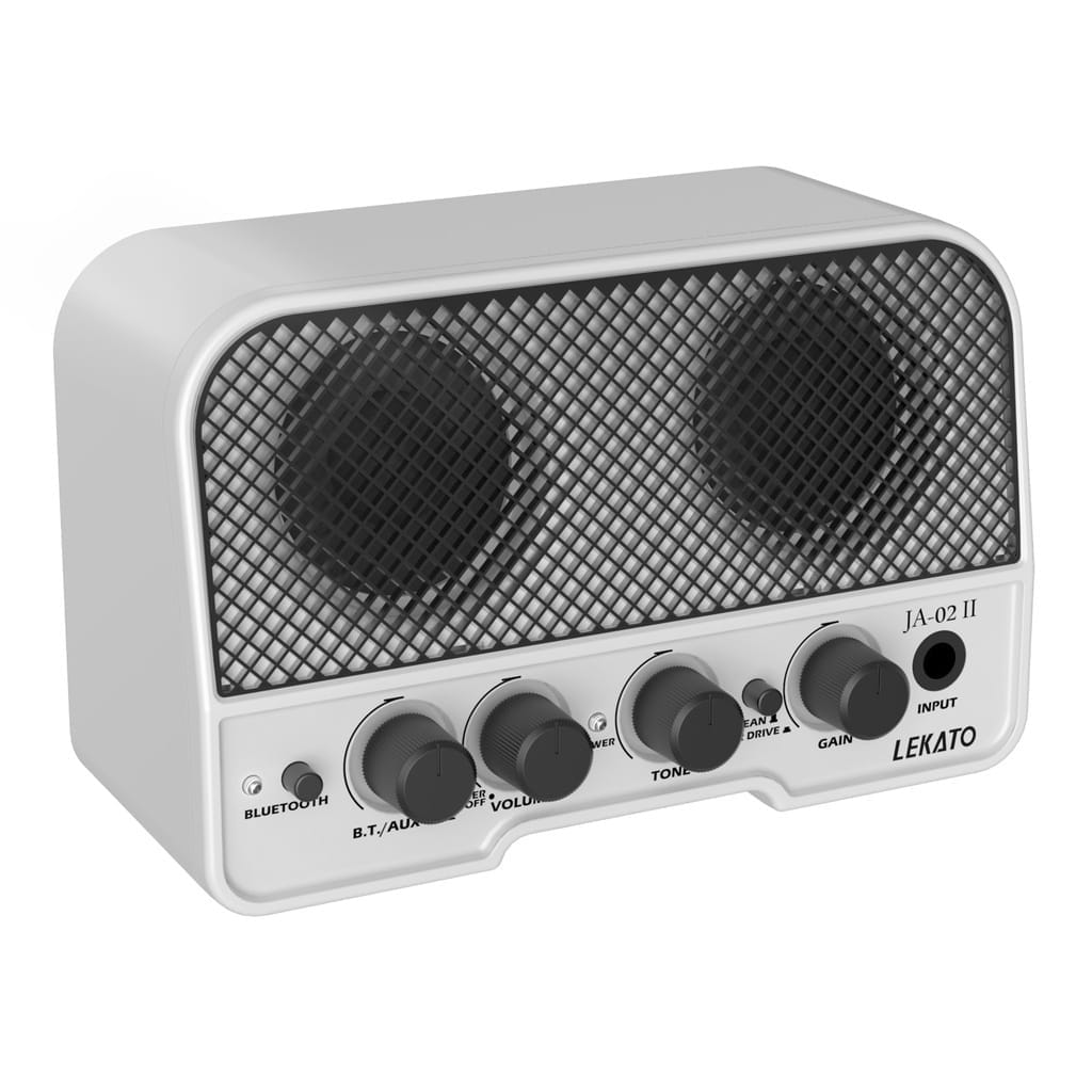A white LEKATO Mini Electric Guitar Amplifier with two speakers on it.