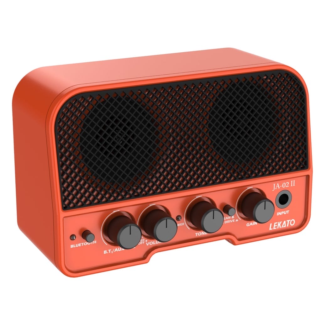 A LEKATO Mini Electric Guitar Amplifier with two speakers.