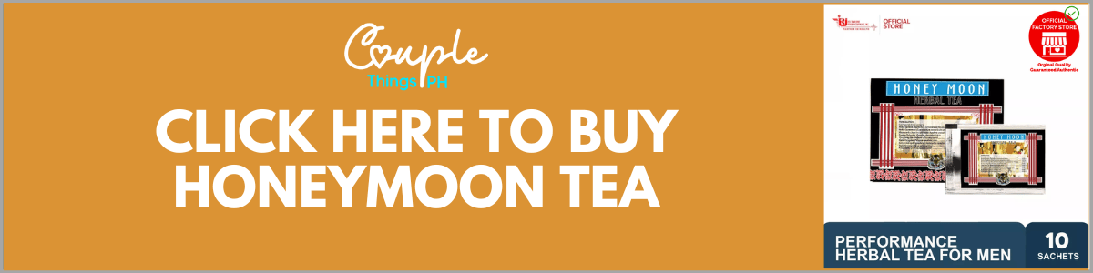 link for honeymoon tea, featuring an orange background with bold white text and images of the product boxes for couples and men.