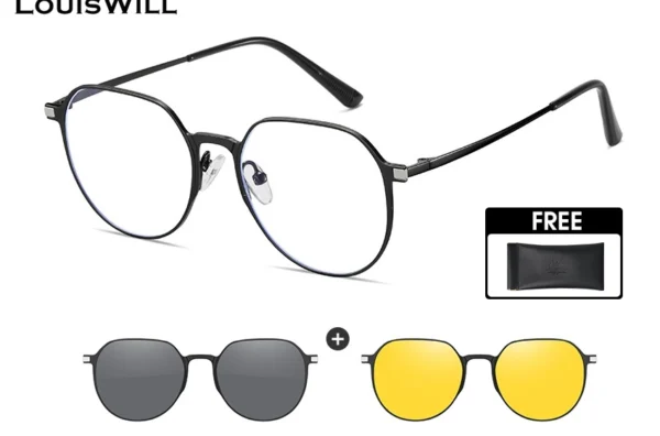 Image of a pair of LouisWill 3-In-1 Polarized Magnetic Sunglasses with two interchangeable lenses, one grey and one yellow. A free carrying case is also pictured.