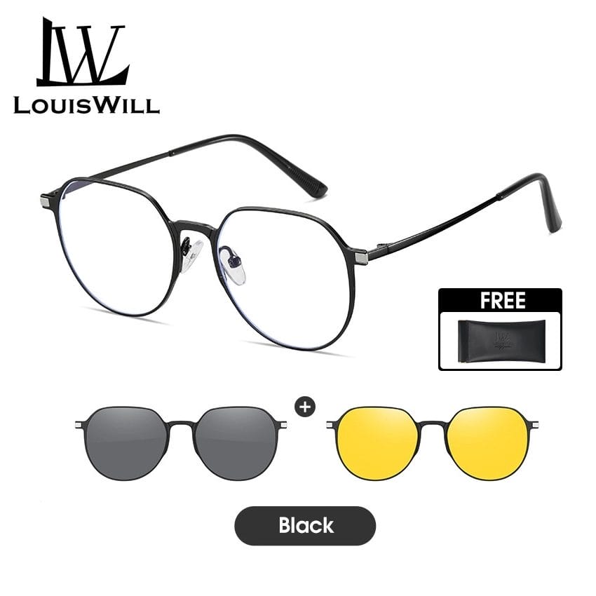 Image of a pair of LouisWill 3-In-1 Polarized Magnetic Sunglasses with two interchangeable lenses, one grey and one yellow. A free carrying case is also pictured.