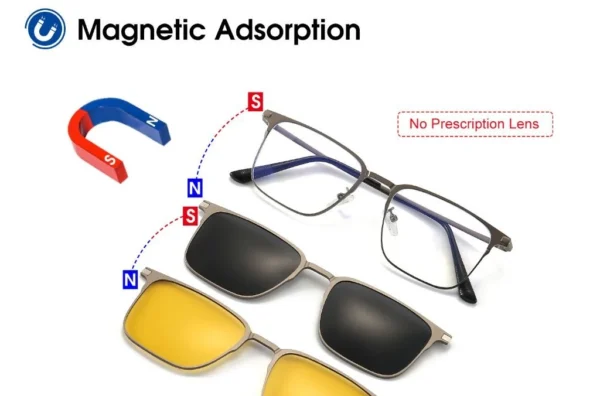 A pair of LEIDISEN 3-In-1 Square Polarized Magnetic Sunglasses with no prescription lens and two pairs of magnetic clip-on lenses, one with dark tint and one with yellow tint. An illustrated magnet indicates magnetic adsorption functionality.