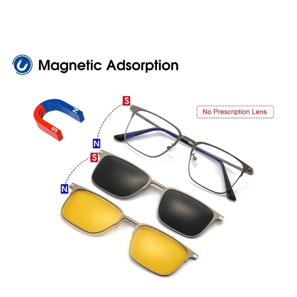 A pair of LEIDISEN 3-In-1 Square Polarized Magnetic Sunglasses with no prescription lens and two pairs of magnetic clip-on lenses, one with dark tint and one with yellow tint. An illustrated magnet indicates magnetic adsorption functionality.