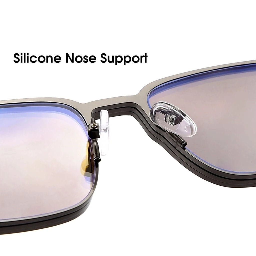 Close-up view of the nose bridge of a pair of eyeglasses with silicone nose pads and the text "LEIDISEN 3-In-1 Square Polarized Magnetic Sunglasses" above.