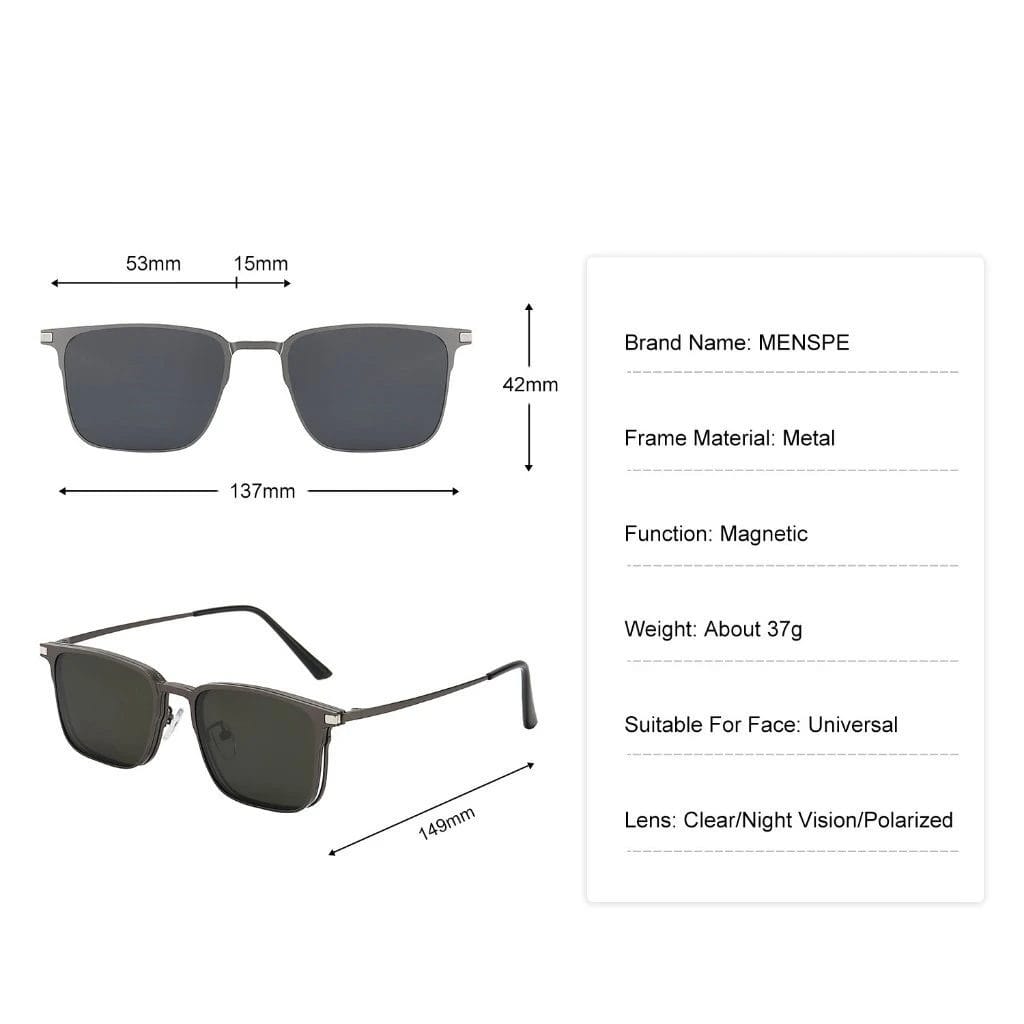 LEIDISEN 3-In-1 Square Polarized Magnetic Sunglasses featuring a metal frame, magnetic function, and clear/night vision/polarized lenses. Dimensions include 53mm lens width, 42mm lens height, and 137mm frame width. Weight is about 37g.