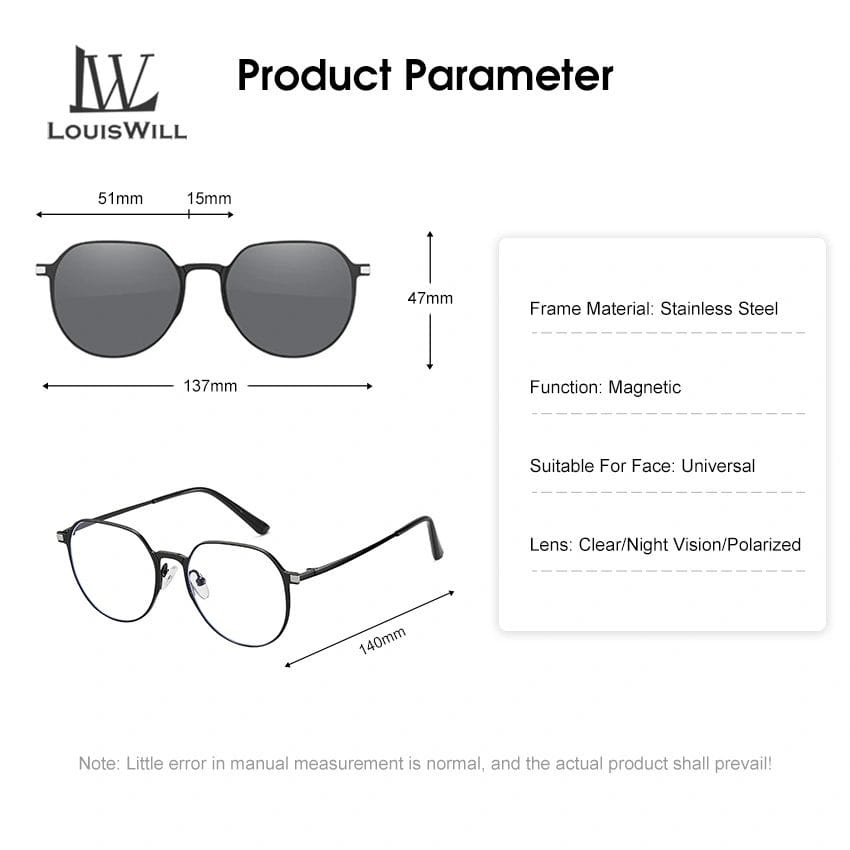 Diagram of LouisWill 3-In-1 Polarized Magnetic Sunglasses detailing dimensions, materials, and features. Frame is stainless steel, magnetic function, universal fit, and lenses can be clear, night vision, or polarized.