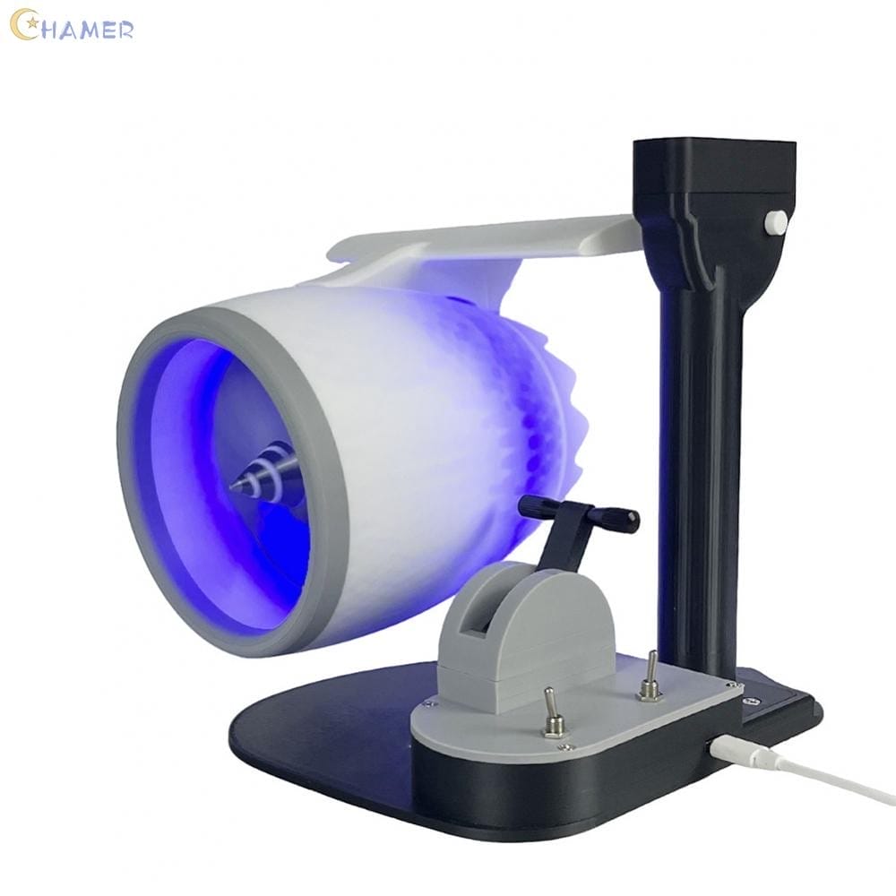 The Turbo Jet Fan and Humidifier Engine, a black and white tabletop device featuring a cylindrical attachment, emits blue light while mounted on a sturdy base with an attached power cable.